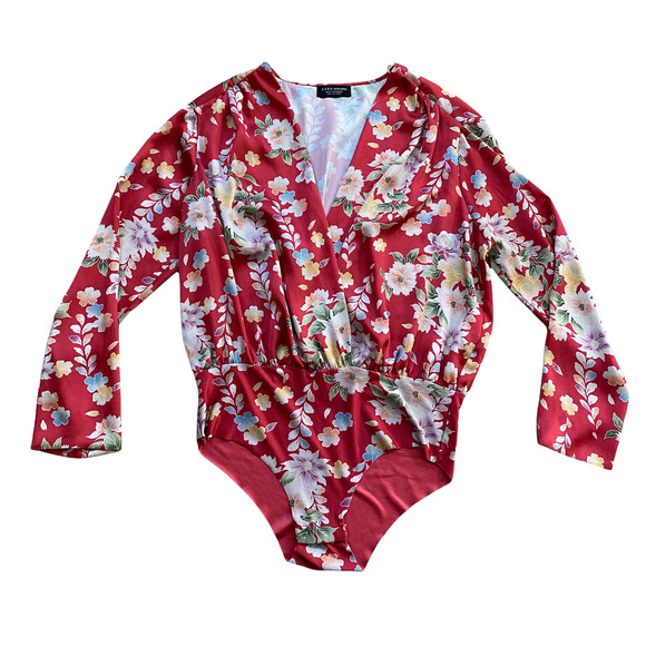 Zara Tops Zara Bodysuit Made In Morocco Oriental Style Red Floral